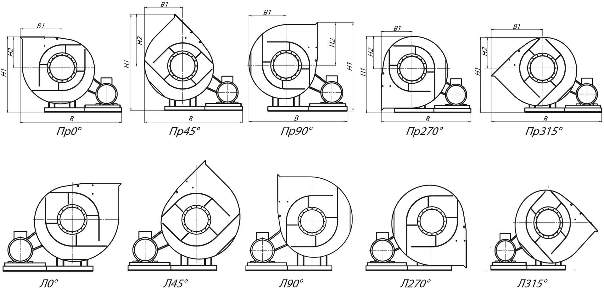 Стандартные варианты углов поворота корпуса вентиляторов ВРП 122-45-5 (№5) схема 5 (исполнение 5)