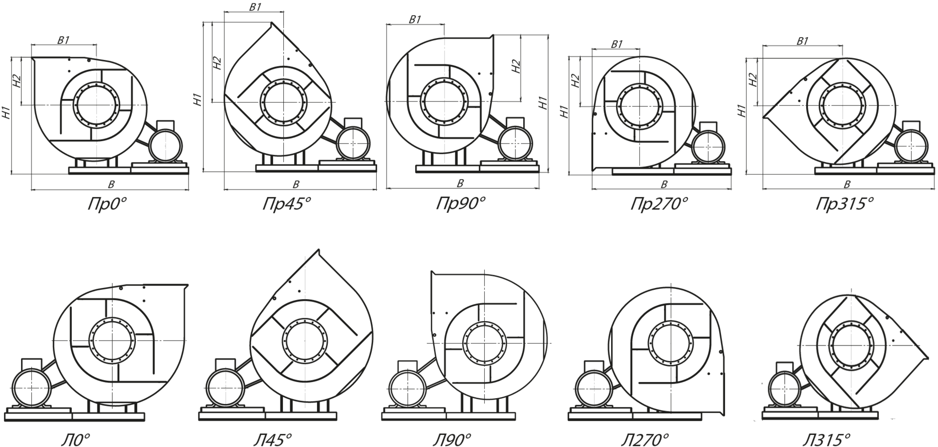 Стандартные углы поворота корпуса вентиляторов ВРП 115-45 правого и левого вращения - схема 5